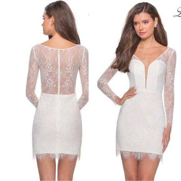 La Femme Long Sleeve Lace Crystal Embellished Formal Mini Dress in White Sz 0 - Picture 1 of 12